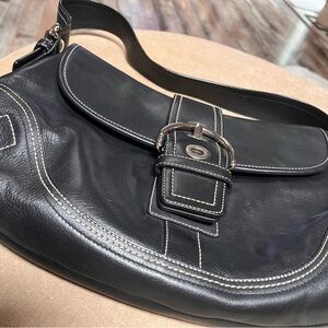Coach Black Leather Shoulder Bag with White Stitching and Buckle Detail